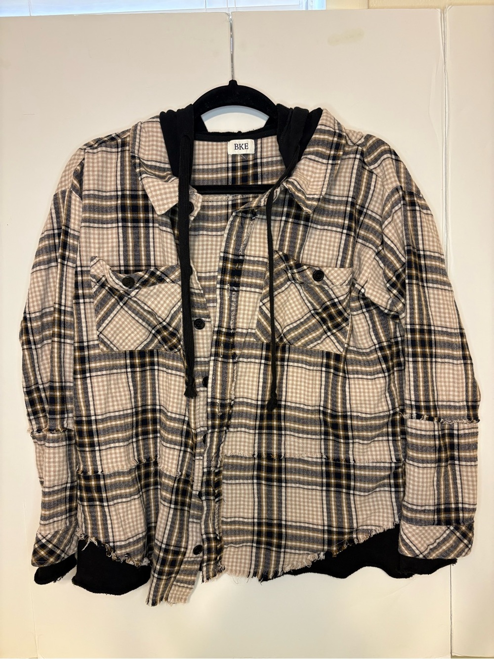 BKE Plaid Jacket with Black Hood - Black & Cream